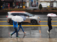 Pedestrians hold umbrellas as they walk on a street in Shanghai, China, on November 1, 2024. (