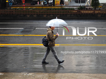 Pedestrians hold umbrellas as they walk on a street in Shanghai, China, on November 1, 2024. (