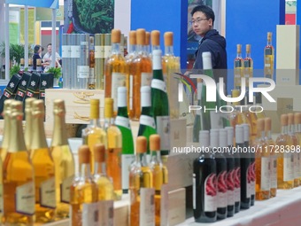 Visitors learn about wine products at the 2024 Yantai International Food Industry Expo in Yantai, China, on November 1, 2024. (