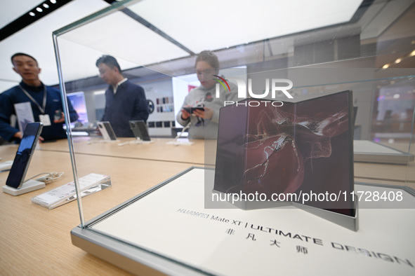 Mobile phones are on display at the Huawei store at Deji Square in Nanjing, China, on November 1, 2024. 