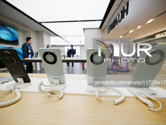 Mobile phones are on display at the Huawei store at Deji Square in Nanjing, China, on November 1, 2024. (