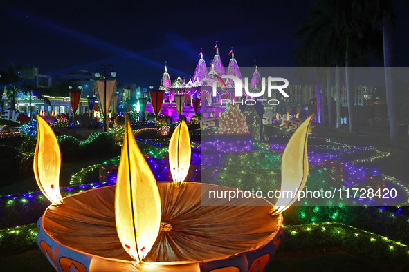 An illuminated view of Akshardham Temple on the occasion of the Diwali festival in Jaipur, Rajasthan, India, on October 31, 2024. 