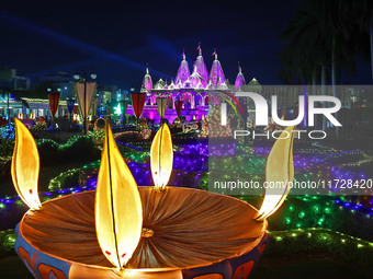 An illuminated view of Akshardham Temple on the occasion of the Diwali festival in Jaipur, Rajasthan, India, on October 31, 2024. (