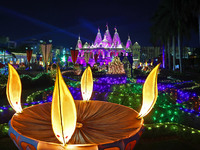 An illuminated view of Akshardham Temple on the occasion of the Diwali festival in Jaipur, Rajasthan, India, on October 31, 2024. (