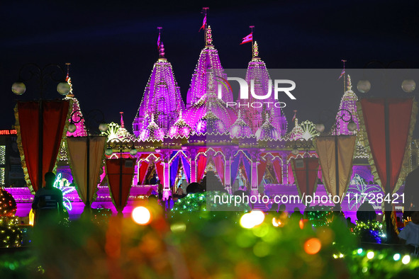 An illuminated view of Akshardham Temple on the occasion of the Diwali festival in Jaipur, Rajasthan, India, on October 31, 2024. 