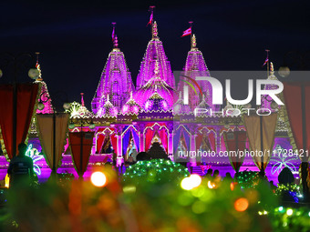 An illuminated view of Akshardham Temple on the occasion of the Diwali festival in Jaipur, Rajasthan, India, on October 31, 2024. (