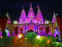 An illuminated view of Akshardham Temple on the occasion of the Diwali festival in Jaipur, Rajasthan, India, on October 31, 2024. (