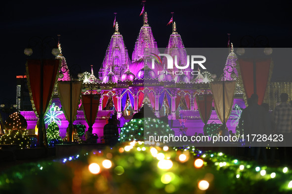 An illuminated view of Akshardham Temple on the occasion of the Diwali festival in Jaipur, Rajasthan, India, on October 31, 2024. 