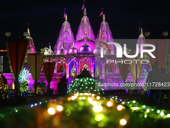 An illuminated view of Akshardham Temple on the occasion of the Diwali festival in Jaipur, Rajasthan, India, on October 31, 2024. (