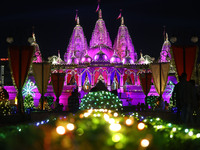 An illuminated view of Akshardham Temple on the occasion of the Diwali festival in Jaipur, Rajasthan, India, on October 31, 2024. (