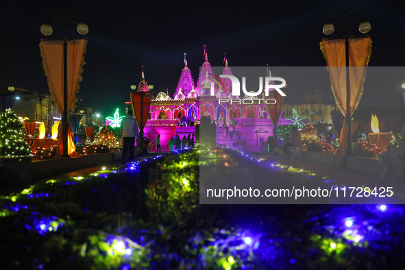 An illuminated view of Akshardham Temple on the occasion of the Diwali festival in Jaipur, Rajasthan, India, on October 31, 2024. 