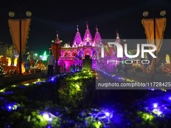 An illuminated view of Akshardham Temple on the occasion of the Diwali festival in Jaipur, Rajasthan, India, on October 31, 2024. (