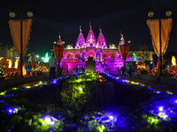 An illuminated view of Akshardham Temple on the occasion of the Diwali festival in Jaipur, Rajasthan, India, on October 31, 2024. (