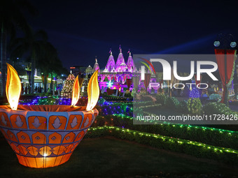 An illuminated view of Akshardham Temple on the occasion of the Diwali festival in Jaipur, Rajasthan, India, on October 31, 2024. (