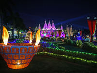 An illuminated view of Akshardham Temple on the occasion of the Diwali festival in Jaipur, Rajasthan, India, on October 31, 2024. (