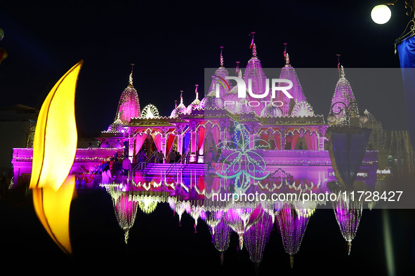 An illuminated view of Akshardham Temple on the occasion of the Diwali festival in Jaipur, Rajasthan, India, on October 31, 2024. 