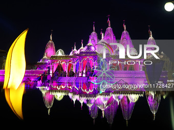 An illuminated view of Akshardham Temple on the occasion of the Diwali festival in Jaipur, Rajasthan, India, on October 31, 2024. (