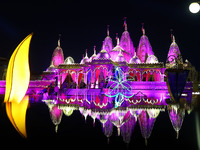 An illuminated view of Akshardham Temple on the occasion of the Diwali festival in Jaipur, Rajasthan, India, on October 31, 2024. (