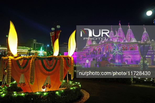 An illuminated view of Akshardham Temple on the occasion of the Diwali festival in Jaipur, Rajasthan, India, on October 31, 2024. 