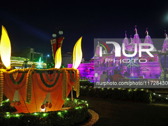 An illuminated view of Akshardham Temple on the occasion of the Diwali festival in Jaipur, Rajasthan, India, on October 31, 2024. (