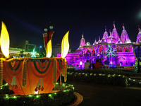 An illuminated view of Akshardham Temple on the occasion of the Diwali festival in Jaipur, Rajasthan, India, on October 31, 2024. (