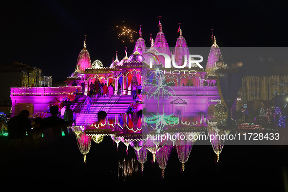 An illuminated view of Akshardham Temple on the occasion of the Diwali festival in Jaipur, Rajasthan, India, on October 31, 2024. 