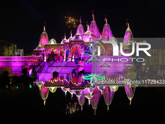 An illuminated view of Akshardham Temple on the occasion of the Diwali festival in Jaipur, Rajasthan, India, on October 31, 2024. (