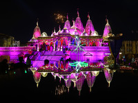 An illuminated view of Akshardham Temple on the occasion of the Diwali festival in Jaipur, Rajasthan, India, on October 31, 2024. (