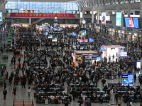 The waiting hall of Hongqiao Railway Station in Shanghai, China, on November 1, 2024, is crowded with passengers. Affected by Typhoon Kong-R...