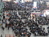 The waiting hall of Hongqiao Railway Station in Shanghai, China, on November 1, 2024, is crowded with passengers. Affected by Typhoon Kong-R...