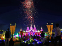 Fireworks light the sky at the illuminated Akshardham temple on the occasion of the 'Diwali' festival in Jaipur, Rajasthan, India, on Octobe...