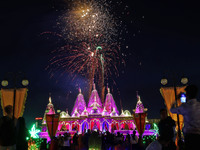 Fireworks light the sky at the illuminated Akshardham temple on the occasion of the 'Diwali' festival in Jaipur, Rajasthan, India, on Octobe...