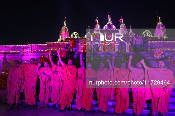 Priests chant at the Akshardham temple on the occasion of the 'Diwali' festival in Jaipur, Rajasthan, India, on October 31, 2024. 