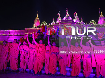 Priests chant at the Akshardham temple on the occasion of the 'Diwali' festival in Jaipur, Rajasthan, India, on October 31, 2024. (