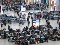 The waiting hall of Hongqiao Railway Station in Shanghai, China, on November 1, 2024, is crowded with passengers. Affected by Typhoon Kong-R...