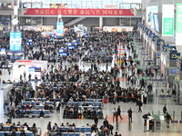 The waiting hall of Hongqiao Railway Station in Shanghai, China, on November 1, 2024, is crowded with passengers. Affected by Typhoon Kong-R...