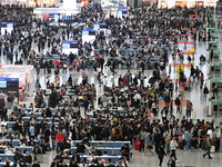 The waiting hall of Hongqiao Railway Station in Shanghai, China, on November 1, 2024, is crowded with passengers. Affected by Typhoon Kong-R...