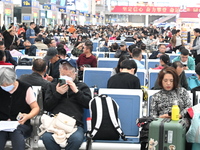 The waiting hall of Hongqiao Railway Station in Shanghai, China, on November 1, 2024, is crowded with passengers. Affected by Typhoon Kong-R...