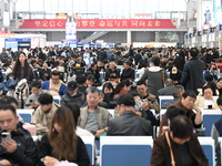 The waiting hall of Hongqiao Railway Station in Shanghai, China, on November 1, 2024, is crowded with passengers. Affected by Typhoon Kong-R...