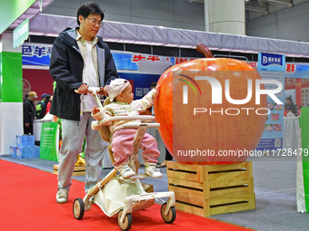 A visitor brings a child to the 2024 Yantai International Food (Prepared Dishes) Industry Expo in Yantai, China, on November 1, 2024. (