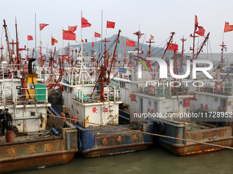 A large number of fishing boats berth in the harbor to take shelter from Typhoon Kong-Rey at the Liandao Central fishing port in Lianyungang...