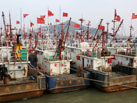 A large number of fishing boats berth in the harbor to take shelter from Typhoon Kong-Rey at the Liandao Central fishing port in Lianyungang...