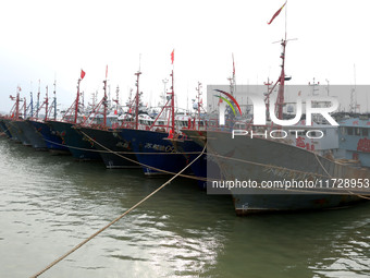 A large number of fishing boats berth in the harbor to take shelter from Typhoon Kong-Rey at the Liandao Central fishing port in Lianyungang...