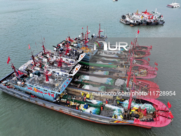 A large number of fishing boats berth in the harbor to take shelter from Typhoon Kong-Rey at the Liandao Central fishing port in Lianyungang...