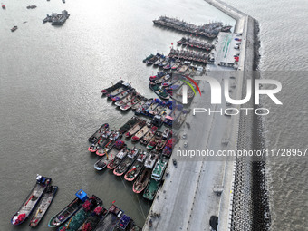 A large number of fishing boats berth in the harbor to take shelter from Typhoon Kong-Rey at the Liandao Central fishing port in Lianyungang...