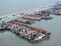 A large number of fishing boats berth in the harbor to take shelter from Typhoon Kong-Rey at the Liandao Central fishing port in Lianyungang...