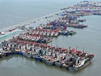 A large number of fishing boats berth in the harbor to take shelter from Typhoon Kong-Rey at the Liandao Central fishing port in Lianyungang...