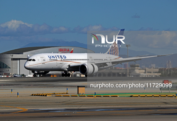 A Boeing 787-8 Dreamliner from United Airlines begins its takeoff run at Barcelona El Prat Airport in Barcelona, Spain, on October 8, 2024. 