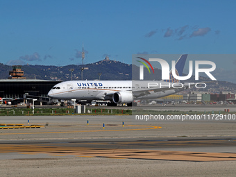 A Boeing 787-8 Dreamliner from United Airlines begins its takeoff run at Barcelona El Prat Airport in Barcelona, Spain, on October 8, 2024....