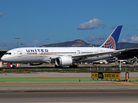 A Boeing 787-8 Dreamliner from United Airlines begins its takeoff run at Barcelona El Prat Airport in Barcelona, Spain, on October 8, 2024....